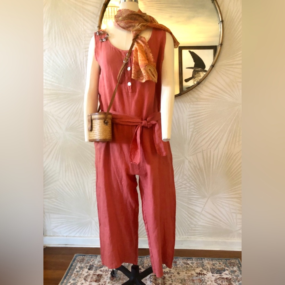 Stella Martini Sleeveless Capri Tie-Waist Rust Linen Jumpsuit NWT